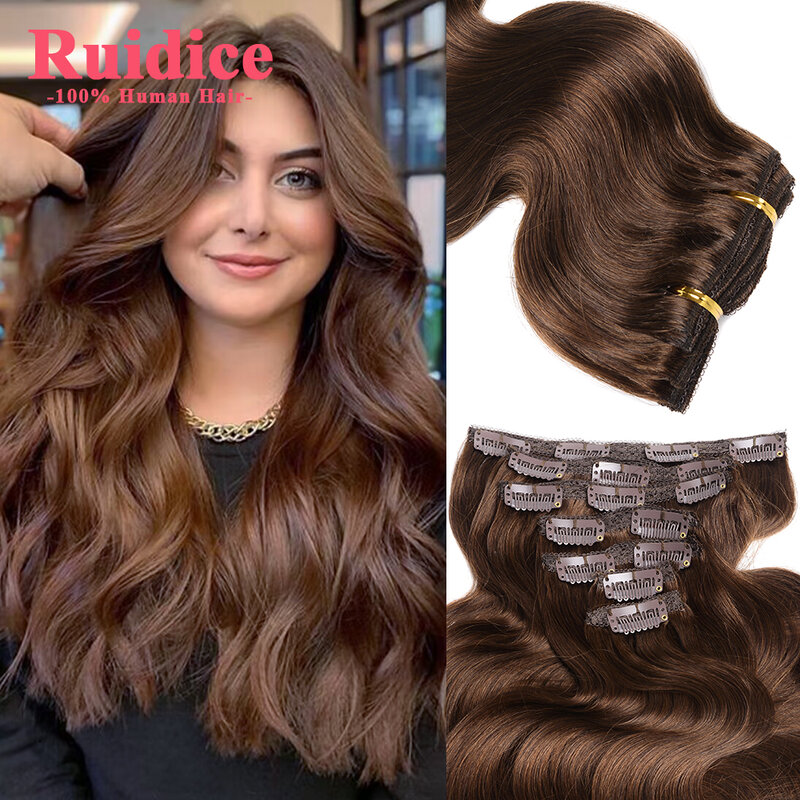 Chocolate Brown Body Wave European Human Hair Clip in Extensions Volumes Series Natural Hair Clip in Hair Extension Wavy On Sale