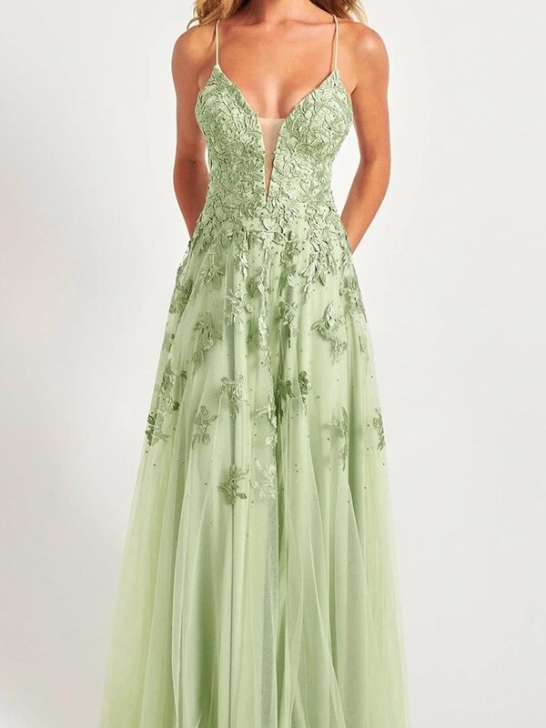 Sage Green V Neck Prom Dresses Tulle Lace Appliques Long A Line Prom Dress Backless Spaghetti Straps Evening Party Ball Gowns