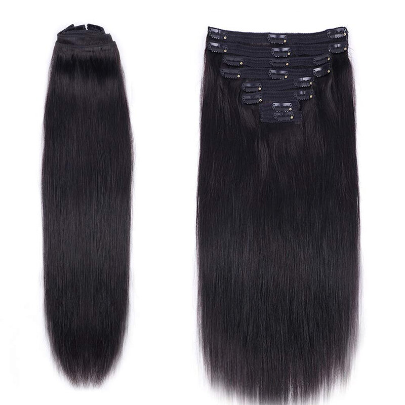 女性のためのブラジルのストレートクリップ,人間の髪の毛,自然なヘアエクステンション,フルヘッド,120g