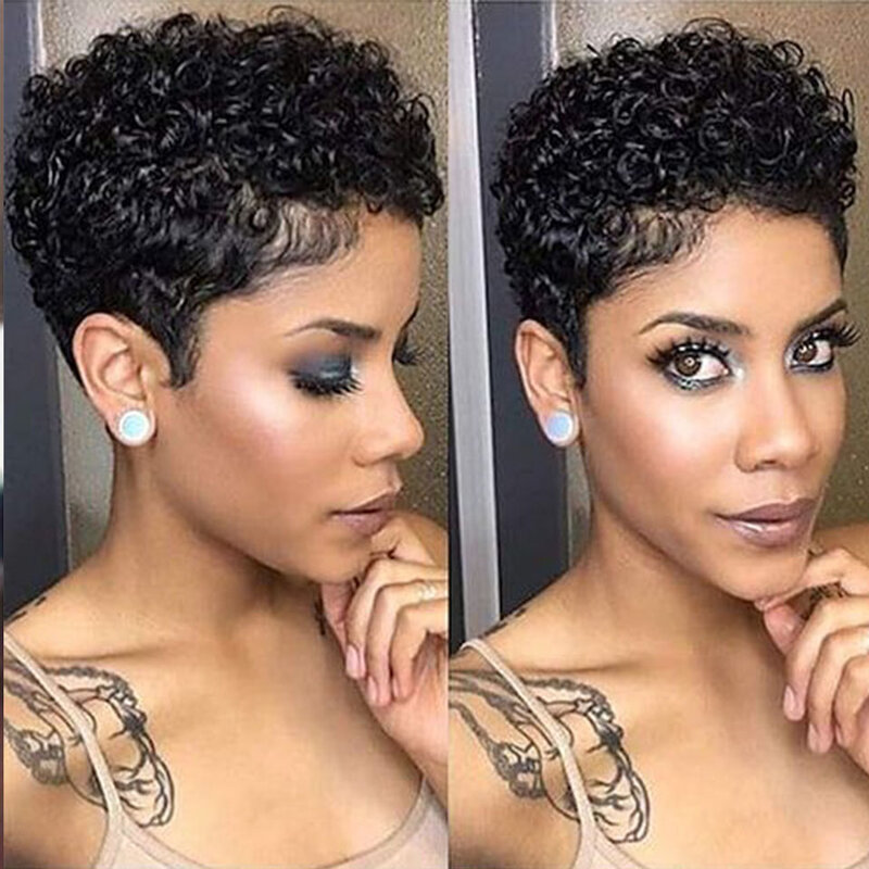 Peluca de cabello humano 100% rizado para mujeres negras, pelo corto Bob con corte Pixie, color 99J, 180D, n. ° 350
