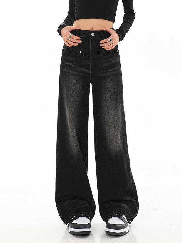 2023 neue Baggy Jeans Damen Mode Vintage hoch taillierte Jeans Streetwear gerade in voller Länge weites Bein Jeans