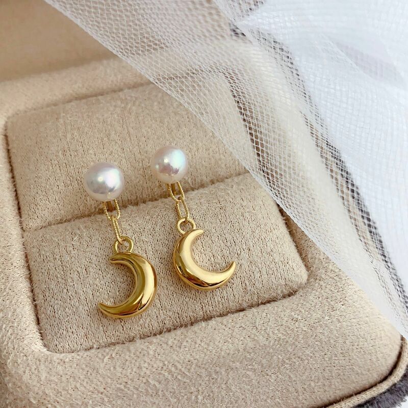 MADALENA SARARA 18k Gold Women Dangle Earrings Cresent Shape Style With Freshwater Pearl