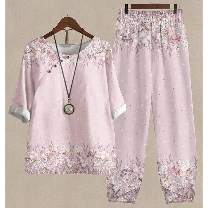 New Women O Neck Short Sleeve Suit Flower Print Elegant Two Piece Sets Female Outfits High Waist  Loose Pants Ladies Tops Summer