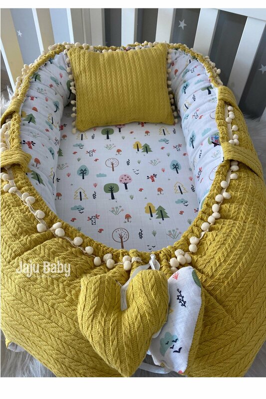 Handmade Mustard Knitted Fabric and Muslin Fabric with Pompom Babynest