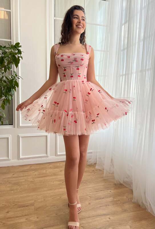 Vestido corto de Cupcake de cereza para mujer, vestidos de fiesta de tul con tirantes finos para boda, fiesta de cumpleaños, vestidos de regreso a casa