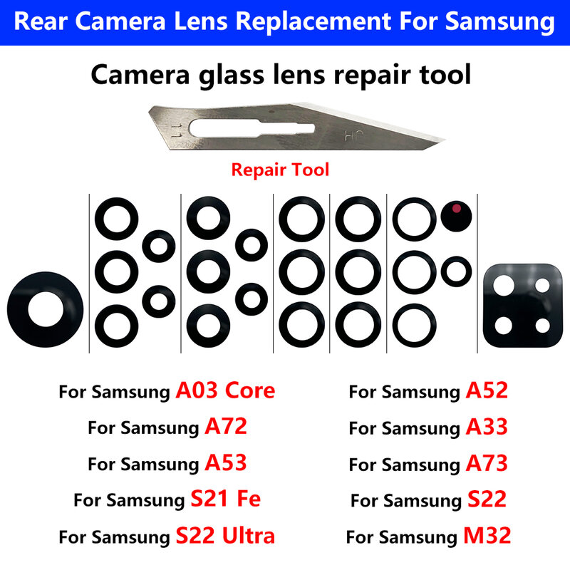เลนส์กล้องด้านหลังกล้องสำหรับ Samsung S22 Plus Ultra S21 Fe A33 A53 A73 A52 A72 A03 Core M32กล้องเปลี่ยนฝาครอบกระจก