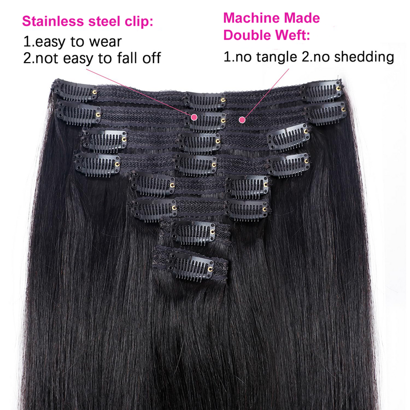 Clip in Hair Extensions Straight Per Set with 18 Clips 8pcs 120G Double Weft Virgin 100% Human Remy Hair Natural Black Color