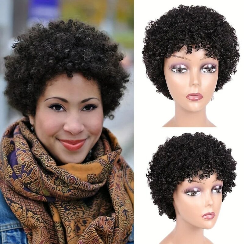 Pelucas de cabello humano Natural para mujer, pelo corto Afro rizado con flequillo, corte Pixie, negro, 4"