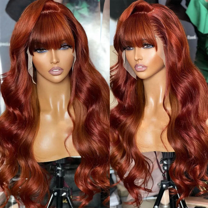 Perruque Lace Front Wig Body Wave naturelle avec frange, cheveux humains, brun roux, 13x6, HD, sans colle, colorée, bon marché