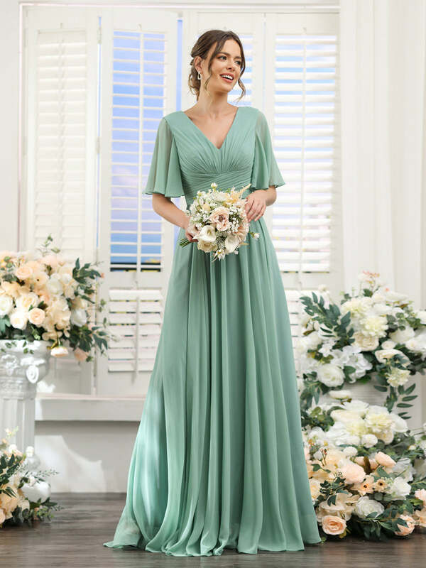 Gaun pengiring pengantin sifon, gaun A-Line leher V lengan setengah panjang lantai terpisah dengan saku elegan untuk tamu pernikahan