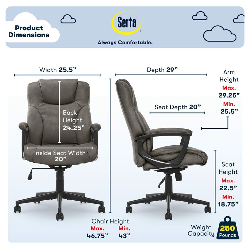 Serta-Executive-Chaise de bureau à dossier haut, avec support lombaire, en cuir collé, design ergonomique et convivial pour les jeux