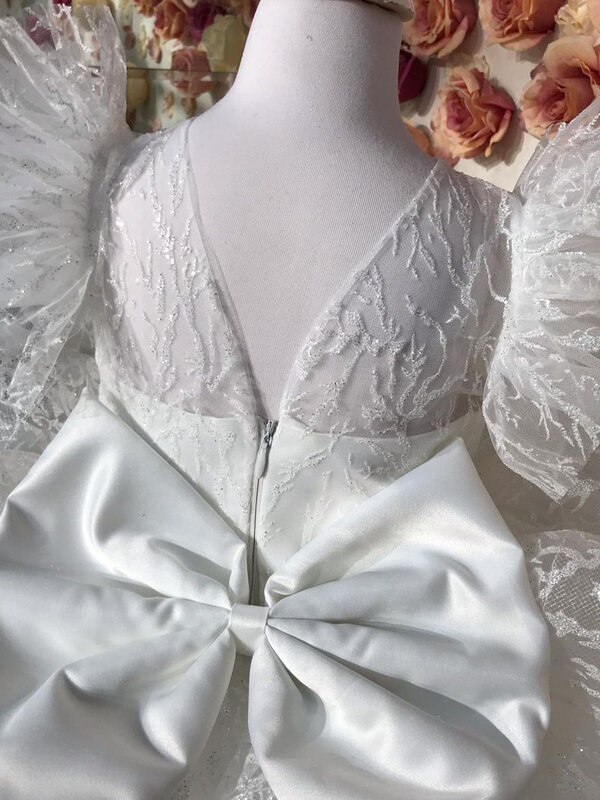 Menina branca vestidos de princesa vestido de renda vestido de flor menina primeiro comunhão vestido de mangas curtas menina vestido de festa de casamento