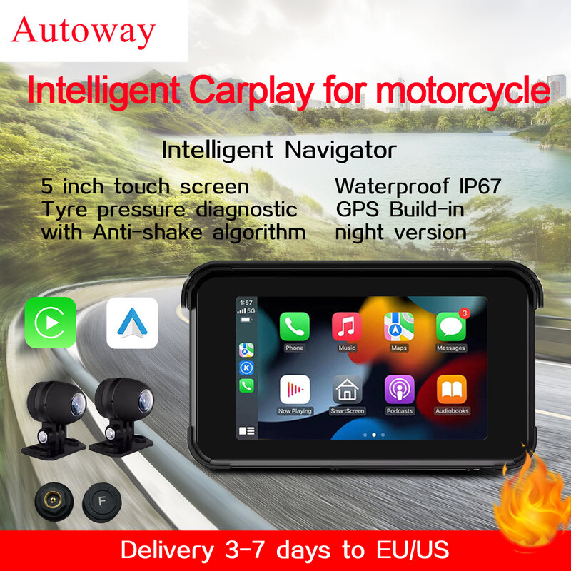 Autoway-Carplay inalámbrico impermeable para motocicleta, pantalla táctil de 5 pulgadas, Android Auto con GPS, TMPS, antivibración, cámaras de versión nocturna