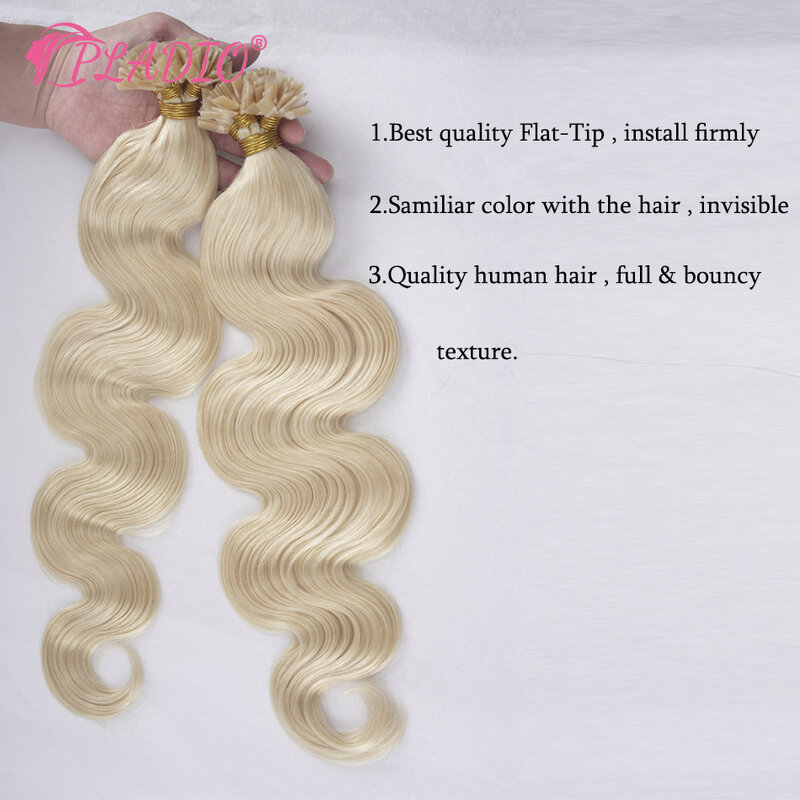 PLADIO Body Wave Flat Tip Hair Extensions 100% Real Human Hair 12-26 Inch Pre Bonded Keratin Hair Extensions For Salon Supply