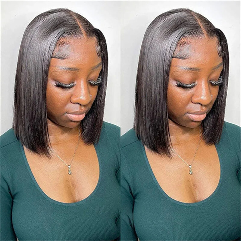 Peluca de cabello humano liso con encaje frontal para mujeres negras, pelo corto con densidad de 180%, 13x4, HD, predespuntado, Remy