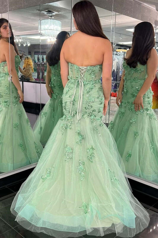 Gorgeous Strapless Long Tulle Formal Evening Dress With Appliques  Mermaid 3d Floral Prom Gown Women Special Occasion Dresses