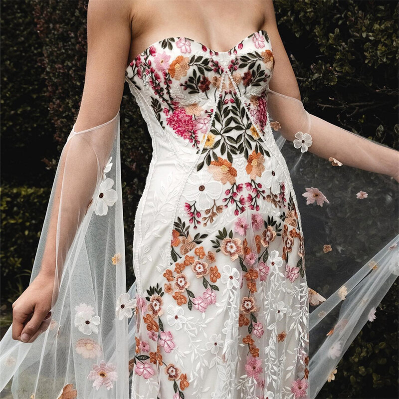 Vestido de novia de encaje con bordado de flores coloridas para mujer, sin tirantes, bohemio, espalda baja, 20058 #2024