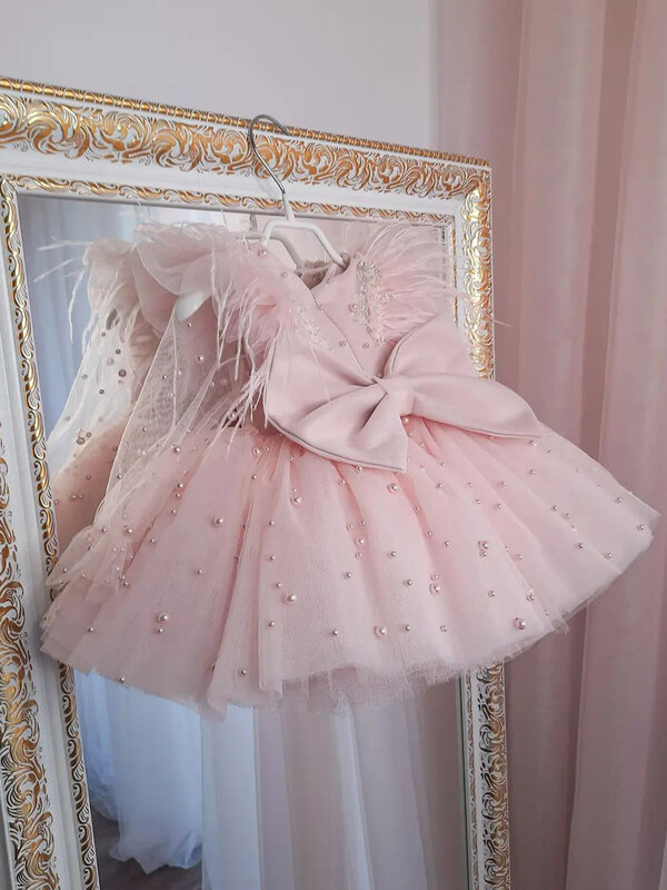 Пышное розовое Цветочное платье для девочек, платье принцессы с рукавами с жемчугом вечерние нее платье для девушек на день рождения, платье для девочек, платье для маленьких девочек, платье для причастия