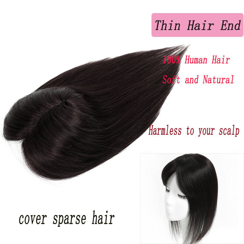 Lovevol-女性のためのbangを持つ人間の髪の毛のトッパー、自然な色のヘアピース、シルクベースクリップ、薄い髪、12x13cm