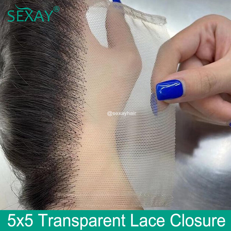 Fechamento transparente do laço Cabelo humano reto brasileiro, fechamento do laço HD, cabelo pré arrancado do bebê, parte livre, 5x5, 1 pc