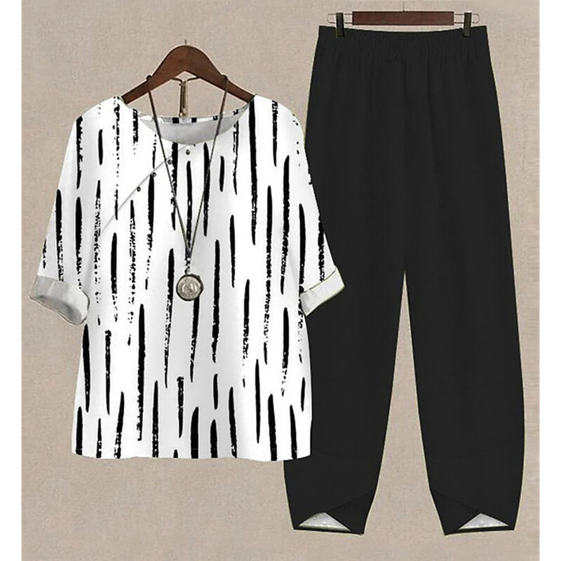 Модный женский повседневный комплект свободных брюк, весенне-летняя одежда свободного кроя в полоску, топ с круглым вырезом и принтом, пуловер, женский спортивный костюм