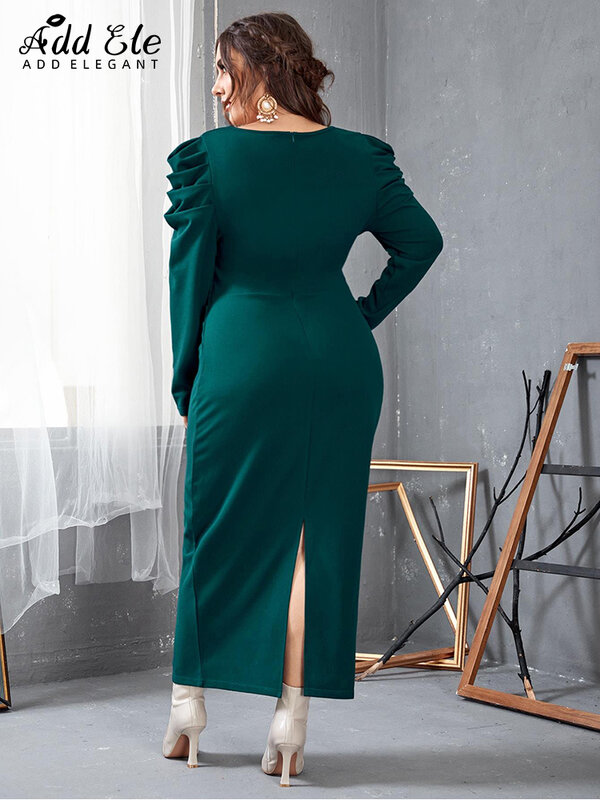 Thêm Thanh Lịch Plus Kích Thước Xẻ Lưng Tay Phồng Váy Đầm Cho Nữ Thu Đông 2022 Chắc Chắn Eo Nữ Cổ V Slim Tính Khí đầm B127