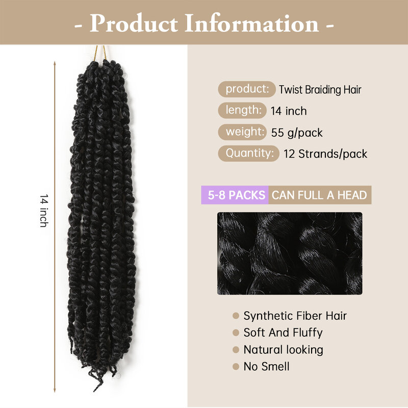 女性のための事前にループされた合成かぎ針編みの髪,黒い情熱のツイスト,ボディポン,ヘアエクステンション,12の根,14インチ