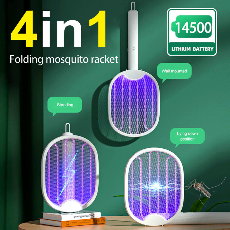 ไม้ตียุงไฟฟ้าแบบพับได้เครื่องดักแมลงวันชาร์จไฟได้ USB พร้อมเครื่องกำจัดแมลงไฟดักสีม่วงอุปกรณ์กันยุง