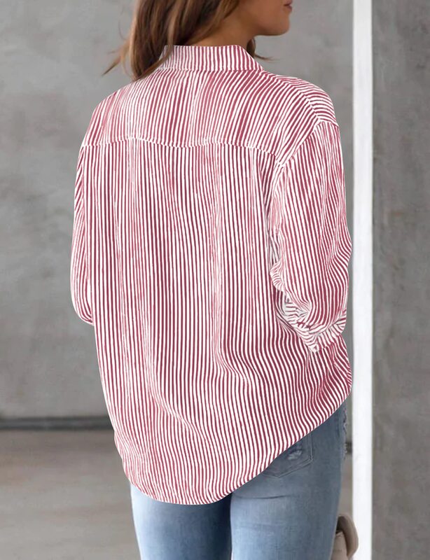 Женская рубашка в полоску, Повседневная Базовая рубашка розового цвета с длинным рукавом и пуговицами, без карманов, для осени и зимы, 2024