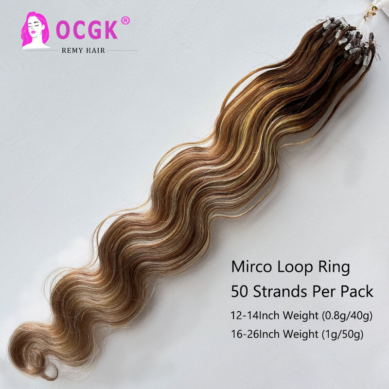Micro loop extensiones de cabello, balayage de ondas corporales, cabello humano real natural, Microlink, fusión de cabello preunido, 50 unids/set