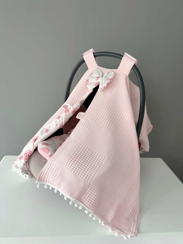 Handmade Pink Waffle Fabric Organic Stroller Cover and Cushion