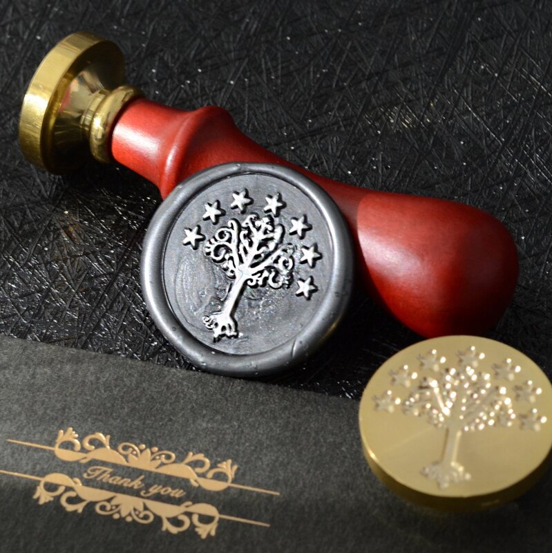 Kit Stempel Segel Lilin, Stempel Pohon Gondor dengan Gagang Kayu Antik untuk Amplop Pernikahan Undangan Dekorasi Natal
