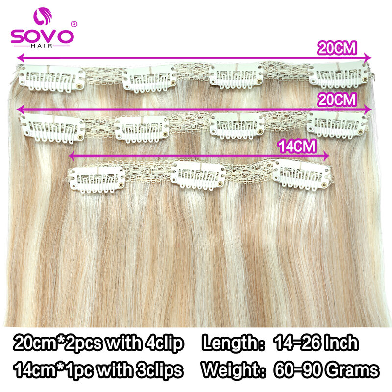 SOVO 3 Pieces Clip In Hair Extensions Human Hair Bone Straight Clip Ins Hair Extension 60G Real Natural European Hair 14"-20"