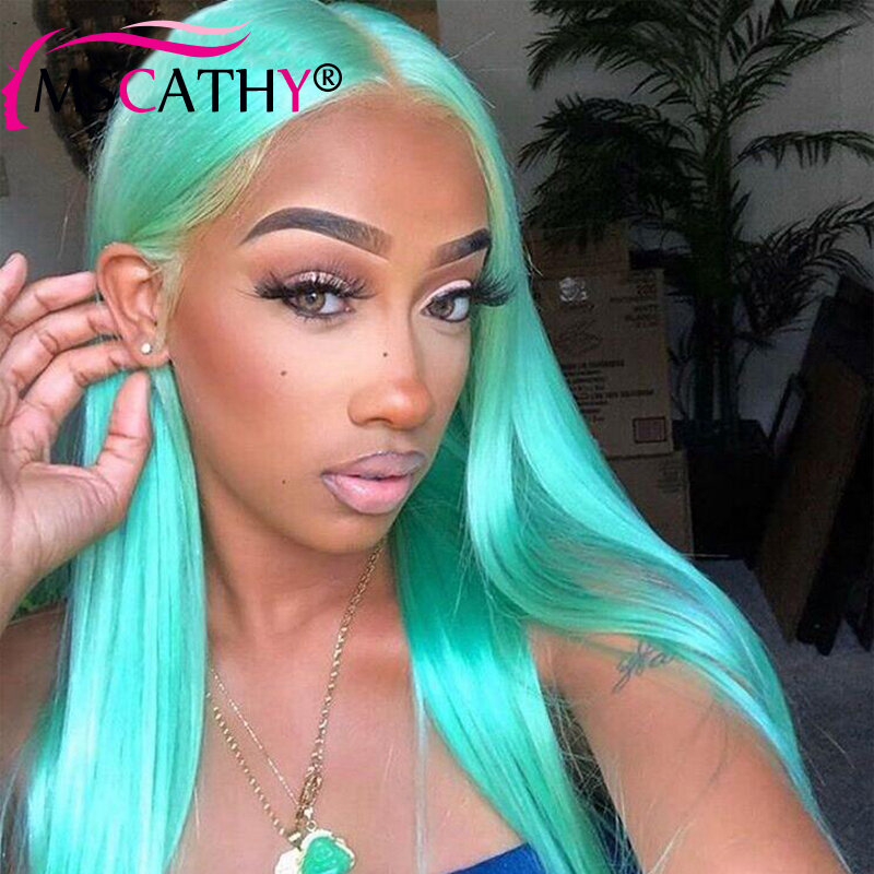 Miętowa kolor zielony peruka z ludzkich włosów o 180% gęstości 13x4 HD koronkowa peruka z przodu 24 Cal proste koronkowe peruki z przodu dla kobiet wstępnie oskubane