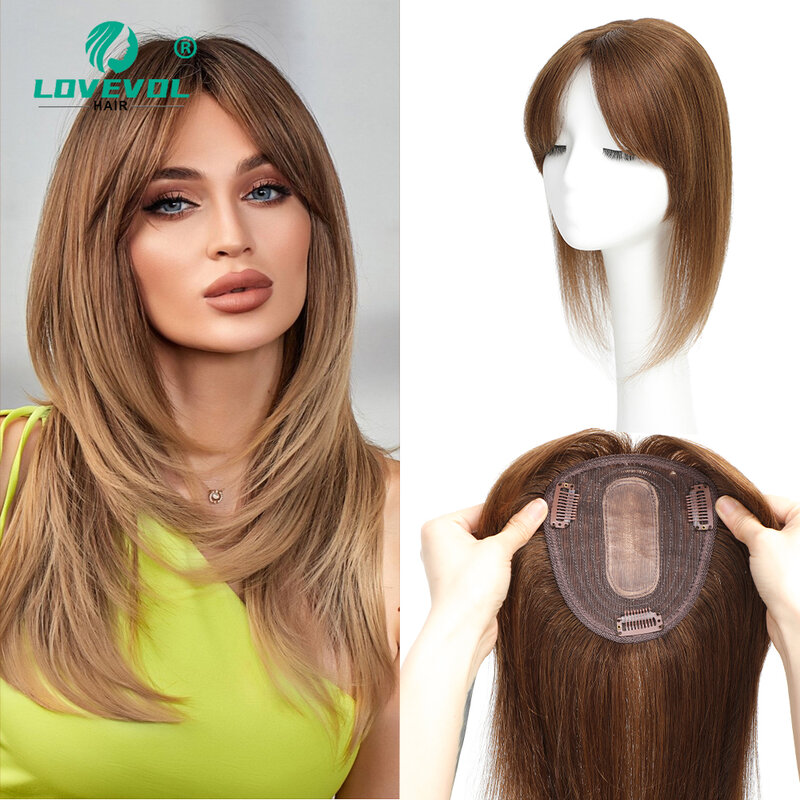 Topper de cabelo reto para mulheres, cabelo humano real, perucas de renda em T, cabelo fino, cor marrom, upgrade, 12x13cm, tamanho base