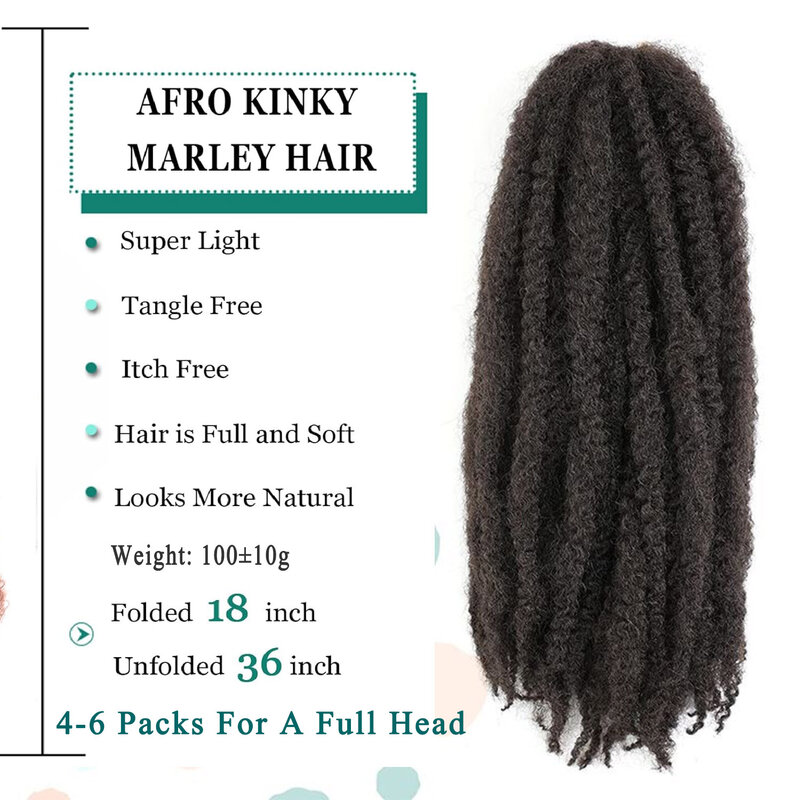 Marley Twist trança extensões de cabelo, Long Afro Kinky Kanekalon fibra sintética, Cabelo Crochet tranças, 18"