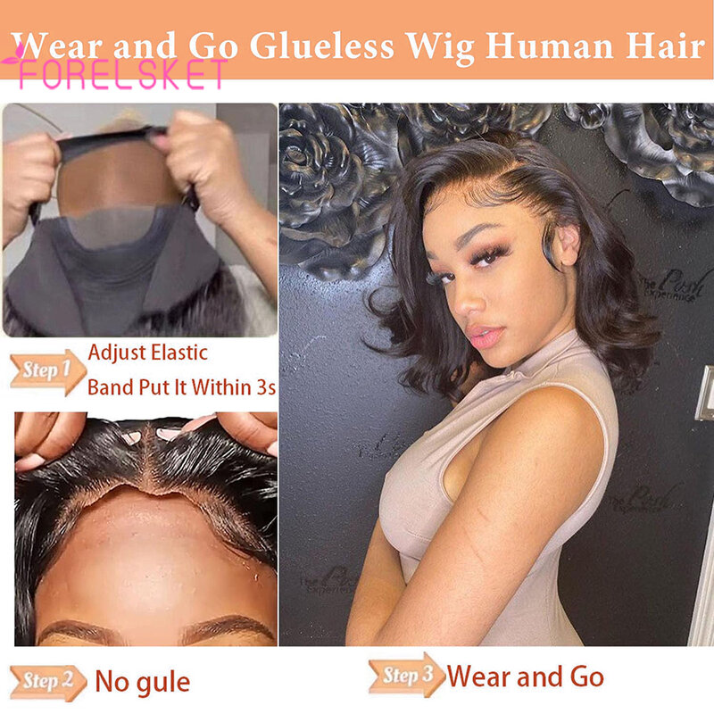 Pelucas de cabello humano listo para usar para mujer, peluca con cierre de encaje precortado, sin pegamento, onda corporal Bob, indetectable, 4x4