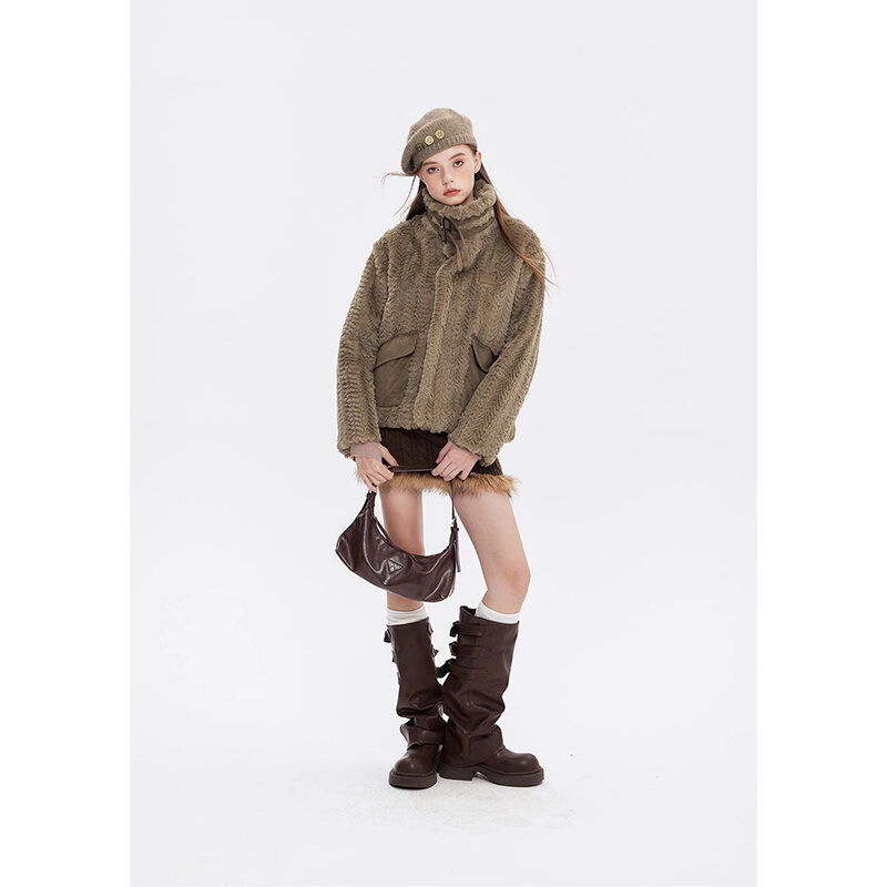 Amerykański Retro wełna jagnięca kurtka podszyta bawełną damski Y2K Trend moda uliczna stójka ciepły gruby płaszcz