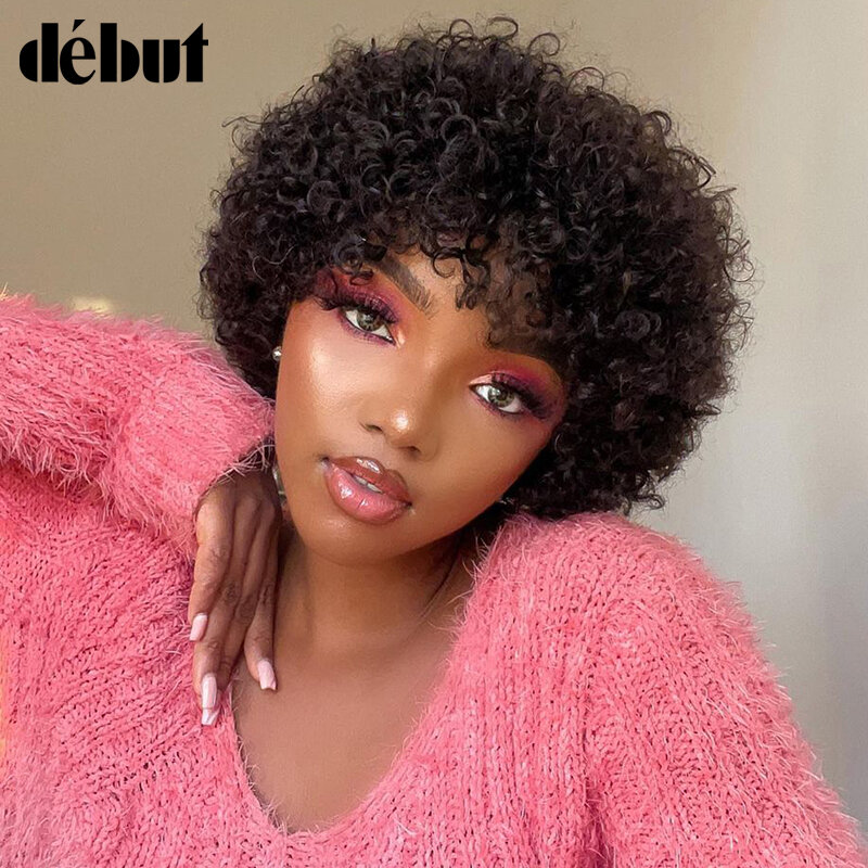 Peruvian Glueless Short Afro Curly Bob Human Hair Wigs With Bangs For Women Remy Hair Wear To Go Natural Brown Kinky Curly Wigs