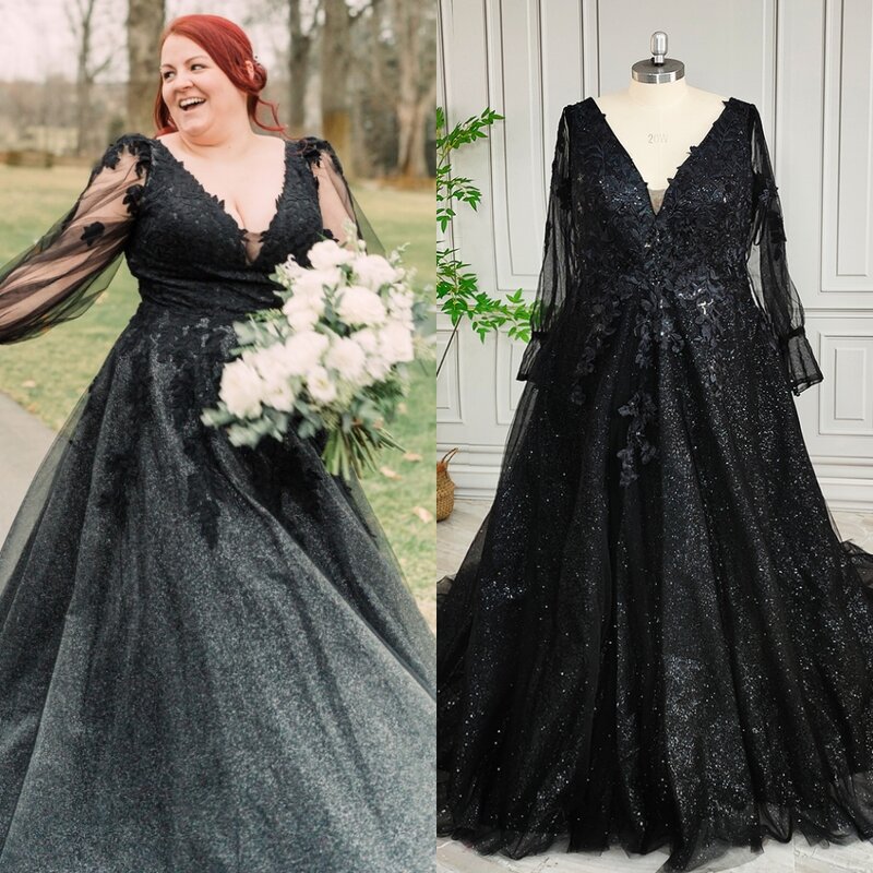 15996 # echte Fotos einzigartige schwarze Glitzer Tüll A-Linie Brautkleid für Party Frauen Braut Ballkleid mit Perlen Applikationen
