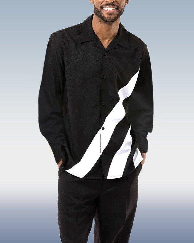 Moda męska 2-sztuka Harajuku w paski długie z długim rękawem Top + spodnie letnie nowe na zewnątrz garnitury koszule na co dzień spodnie 2-sztuka zestaw