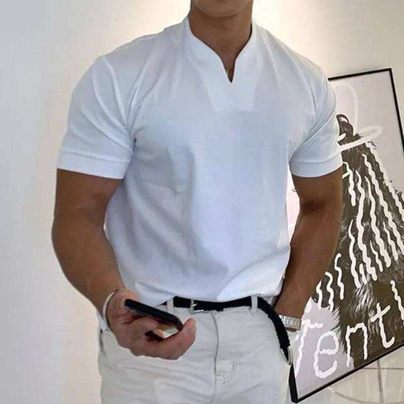TUSHANGGE-Camisetas masculinas de manga curta polo, tops com decote em v, roupas diárias, camisas golfe, treino, roupas esportivas fitness, cor sólida