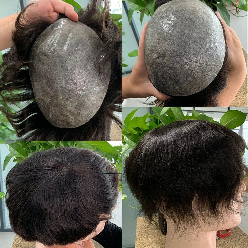 Peruka męska 0.08mm cienka skóra PU męski tupecik ludzkich włosów męska włosy peruka z zapętlonymi włosami dla mężczyzn zastępująca System włosów
