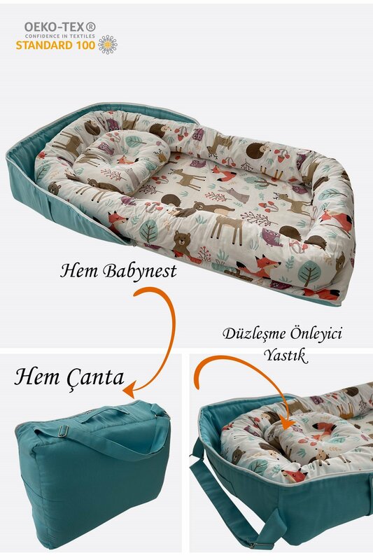 Babynest Baby Bag Portable Mother's Bed with Handmade Blue Forest Pattern Bag