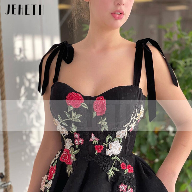 JEHETH Black Floral Pastoral Prom Dress Bow Straps A-Line Lace Appliques Evening Gown Dot Tulle Sweetheart Ankle Length فساتين