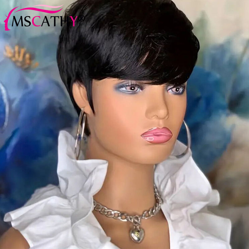 150% Density Pixie Cut Human Hair Wigs for Women No Lace Full Machine Made Wig Curly Wig with Bangs Natural Black Colored Wig