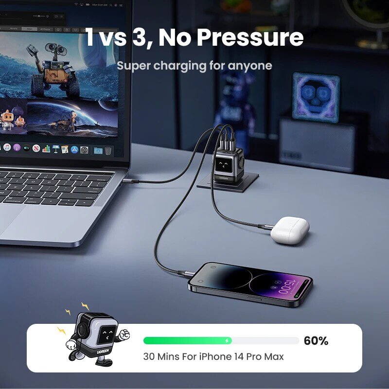 Nuovo! UGREEN 65W GaN Charger Robot Design PD Fast Charger PPS PD3.0 per iPhone 15 14 13 ricarica rapida per Xiaomi Laptop Macbook