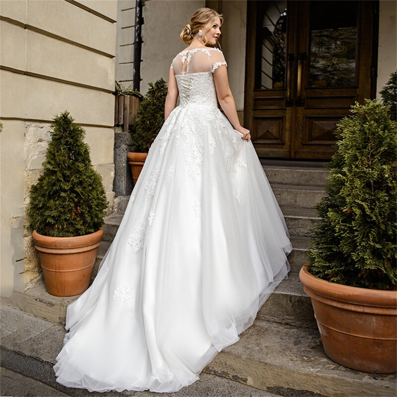 Классическое женское свадебное платье с рукавами-крылышками, аппликациями, круглым вырезом, шнуровкой сзади, Тюлевое платье невесты, индивидуальный пошив