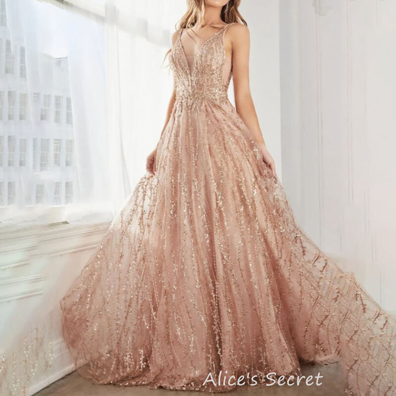 A-Line Tulle V Neck Sleeveless Glitter Lace Open V Back Full Length Sweep Train Prom Homecoming Dresses 1