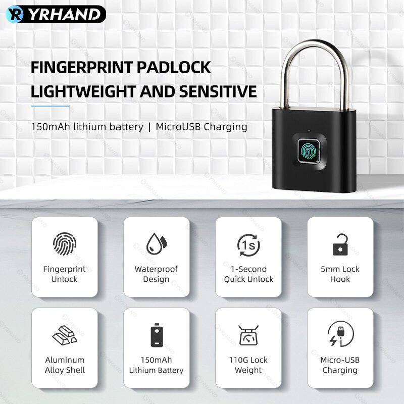 YRHAND Fingerprint Cadeado, Keyless, impermeável, Anti-Theft Smart Lock, liga de zinco, Segurança Inteligente, Bloqueio eletrônico